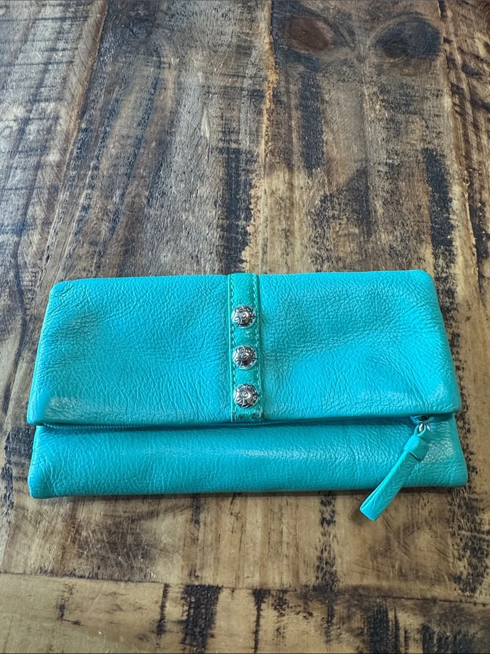 Brighton Turquoise Fold-Over Leather Clutch with Silver Buttons